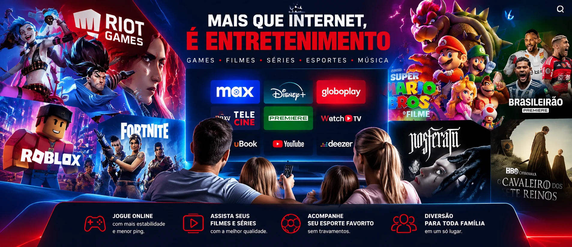 Painel ilustrativo com jogos, cinema, séries, esportes e entretenimento em família